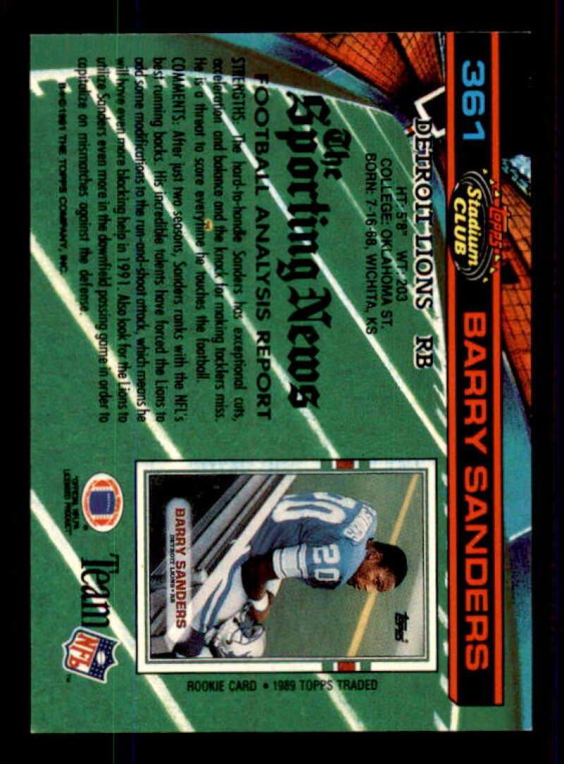Barry Sanders Card 1991 Stadium Club #361 Image 2
