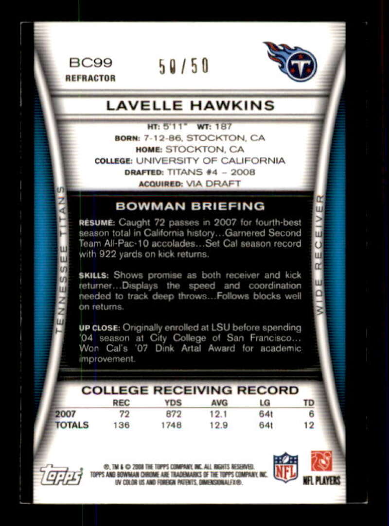 Lavelle Hawkins Rookie Card 2008 Bowman Chrome Gold Refractors #BC99 Image 2
