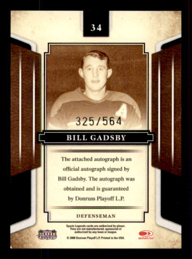 Bill Gadsby Card 2008 Donruss Sports Legends Signatures Mirror Red #34 /564 Image 2