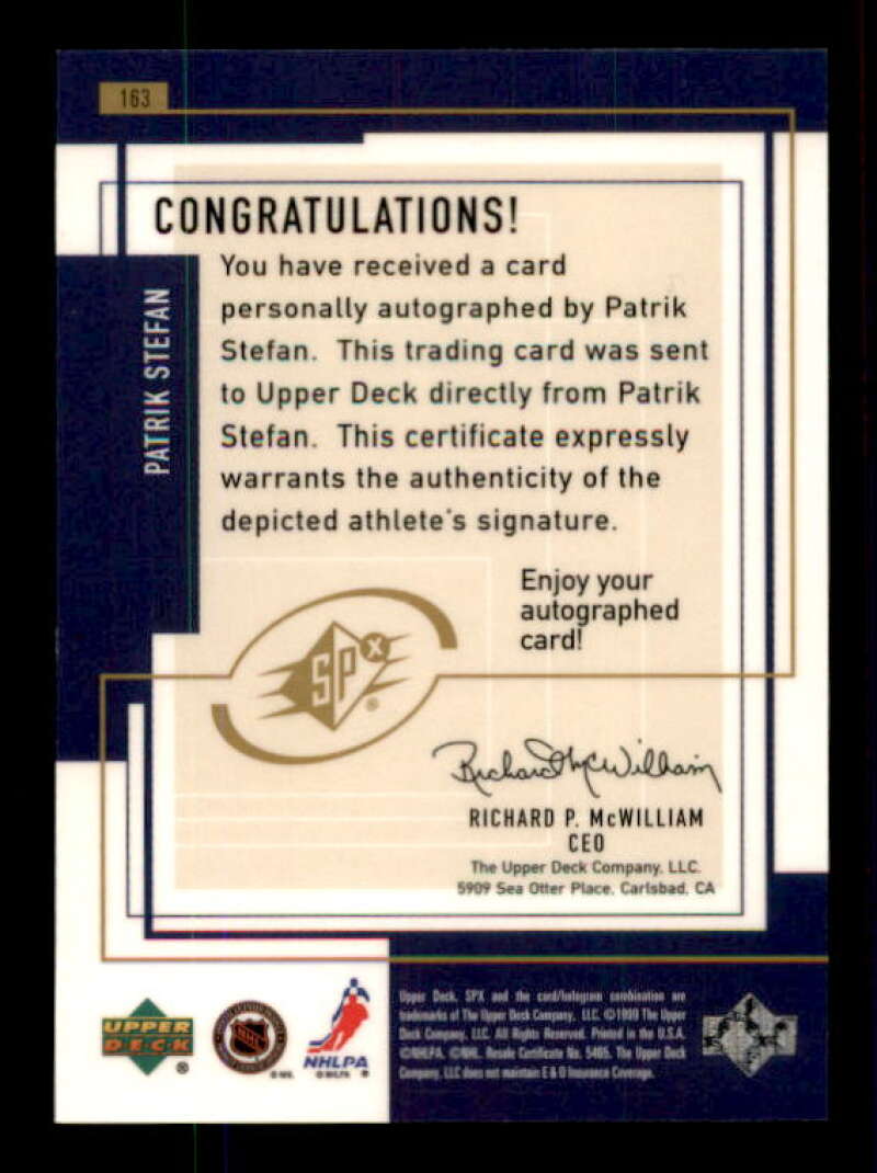 Patrik Stefan AU Rookie Card 1999-00 SPx #163 Image 2
