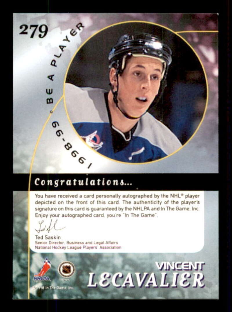 Vincent Lecavalier Card 1998-99 Be A Player Autographs #279 Image 2