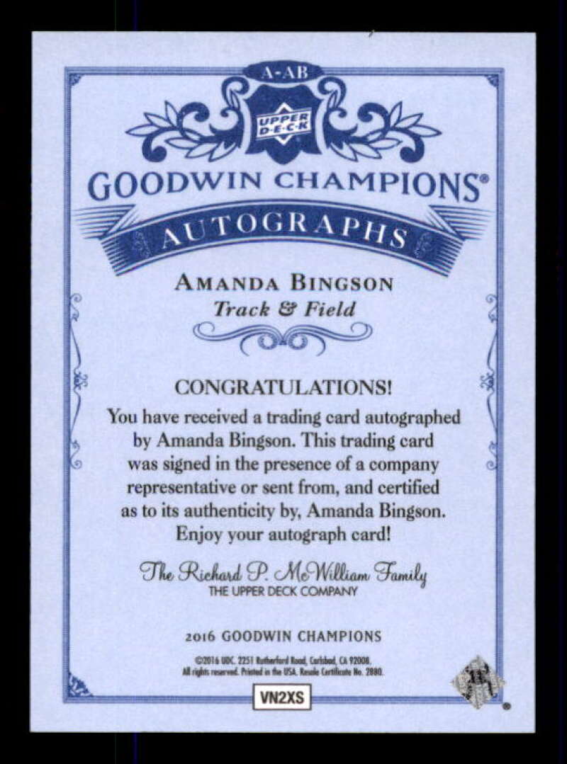 Amanda Bingson Card 2016 Upper Deck Goodwin Champions Autographs #AAB Image 2