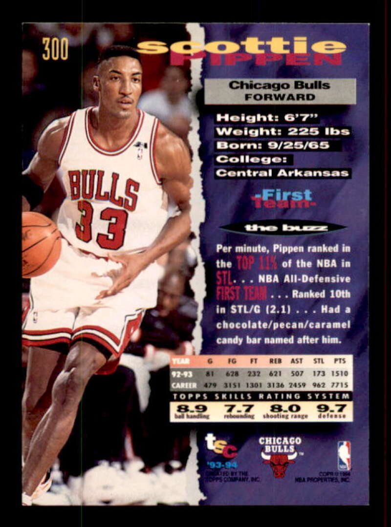 Scottie Pippen Card 1993-94 Stadium Club First Day Issue #300 Image 2