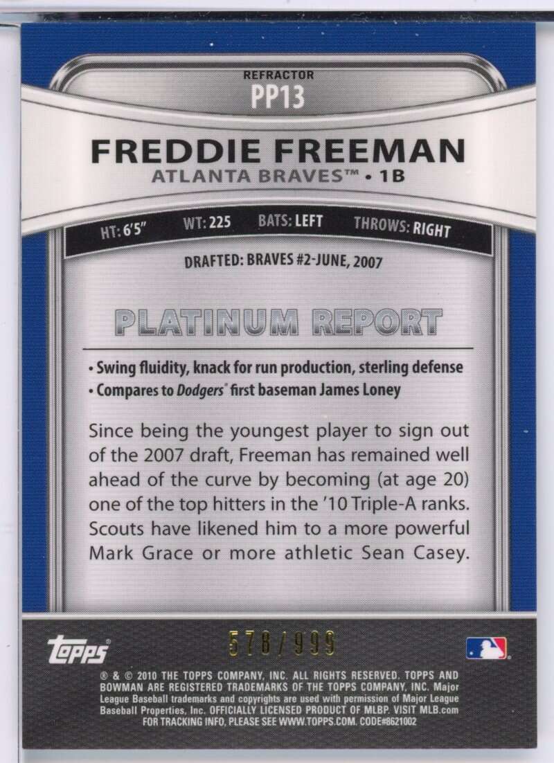 Freddie Freeman Rookie 2010 Bowman Platinum Prospects Refractors Thin Stock #13 Image 2