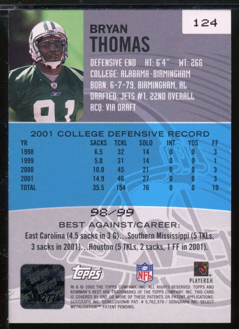 Bryan Thomas AU Card 2002 Bowman's Best Gold #124 Image 2