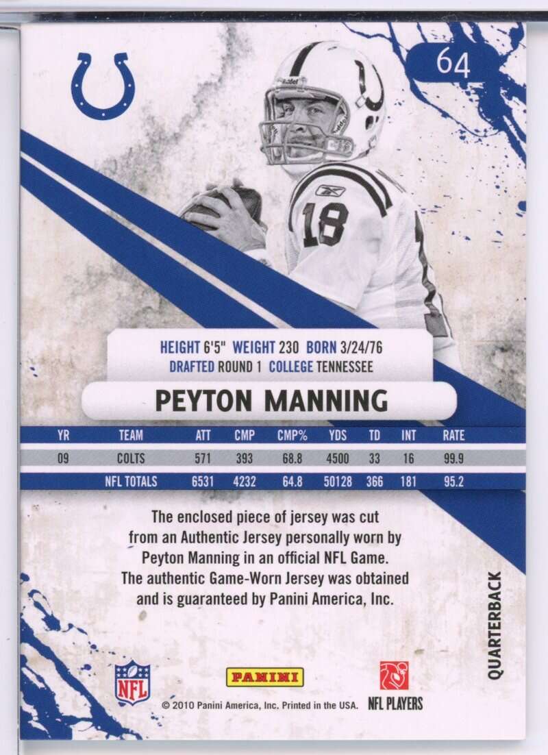 Peyton Manning Card 2010 Rookies and Stars Longevity Materials Ruby #64 /175 Image 2