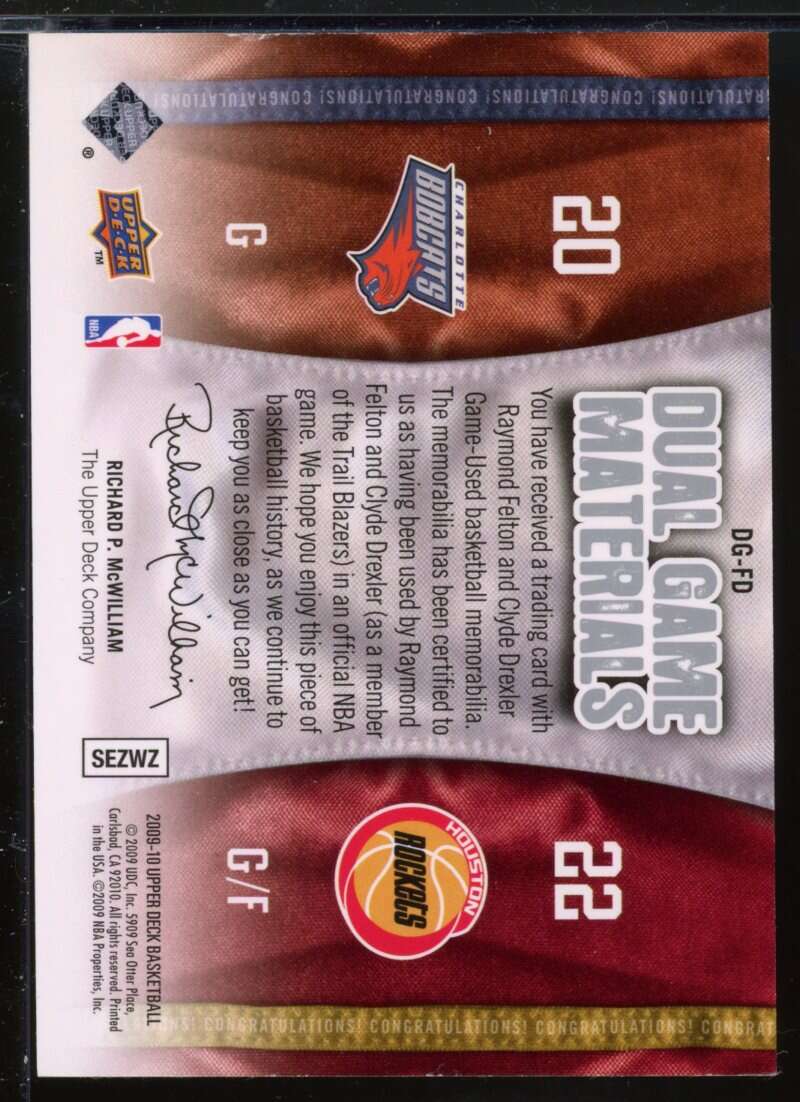 Clyde Drexler/Raymond Felton Card 2009-10 Upper Deck Game Materials Dual #DGFD Image 2