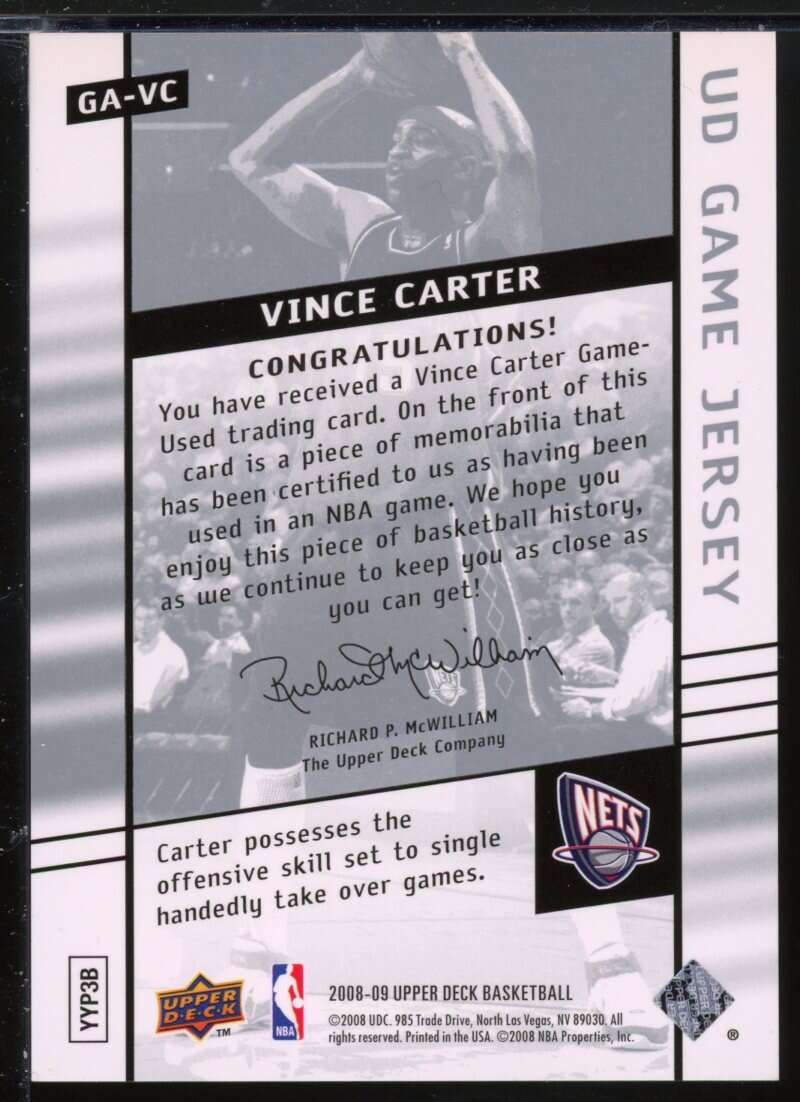 Vince Carter Card 2008-09 Upper Deck Game Jerseys #GAVC Image 2