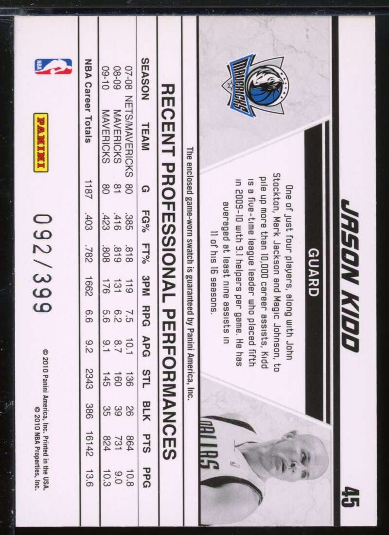 Jason Kidd Card 2010-11 Donruss Production Line Materials #45 /399 Image 2