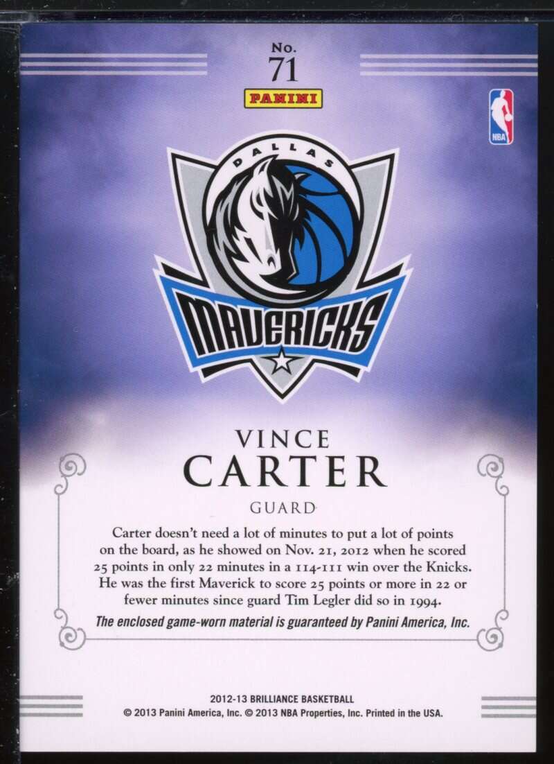 Vince Carter Card 2012-13 Panini Brilliance Game Time Jerseys #71 Image 2