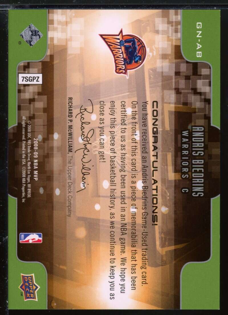Andris Biedrins Card 2008-09 Upper Deck MVP Game Night Souvenirs #GNAB Image 2