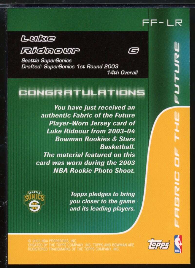 Luke Ridnour Card 2003-04 Bowman Fabric of the Future #LR Image 2