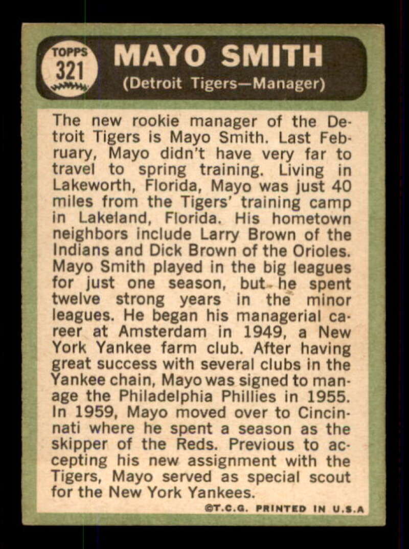 Mayo Smith MG Card 1967 Topps #321 Image 2