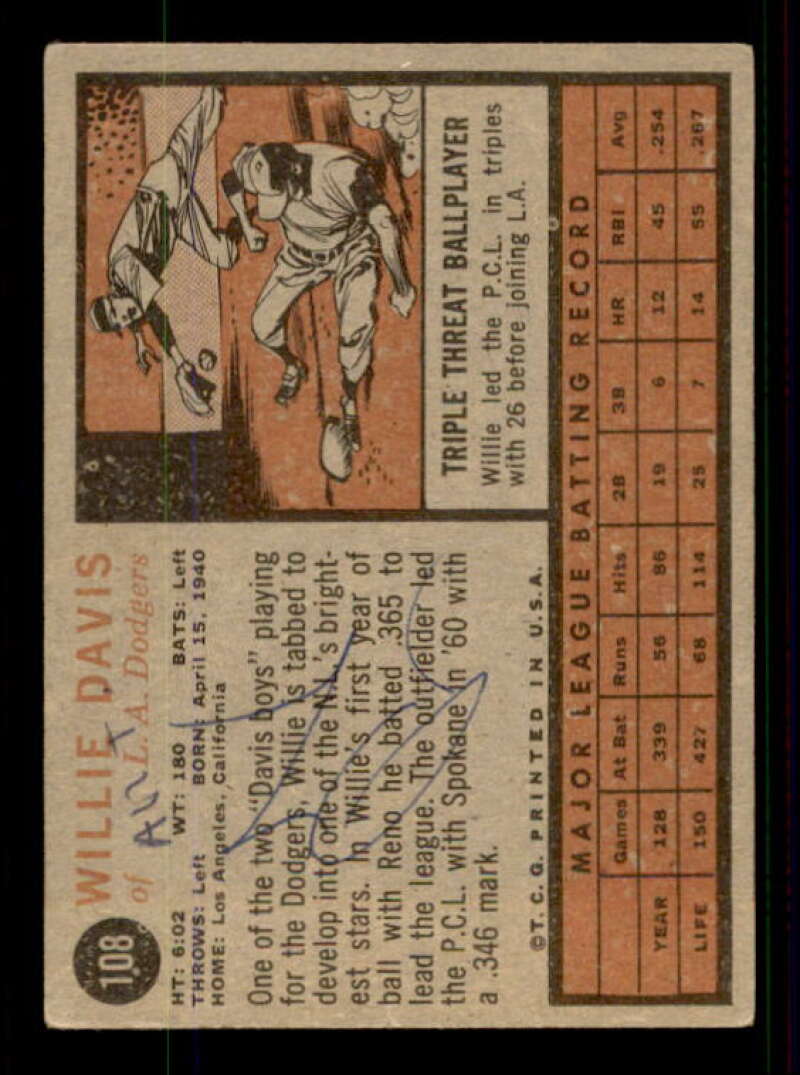 Willie Davis Card 1962 Topps #108 Image 2