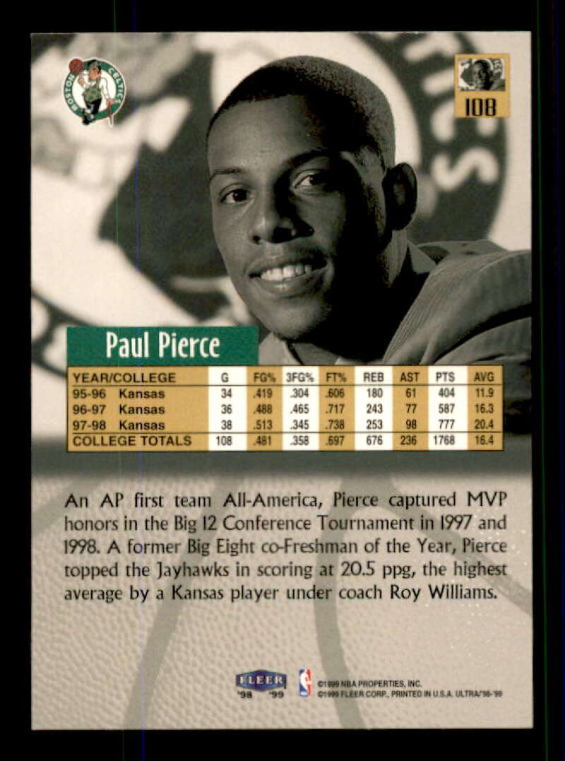 Paul Pierce Rookie Card 1998-99 Ultra #108 Image 2