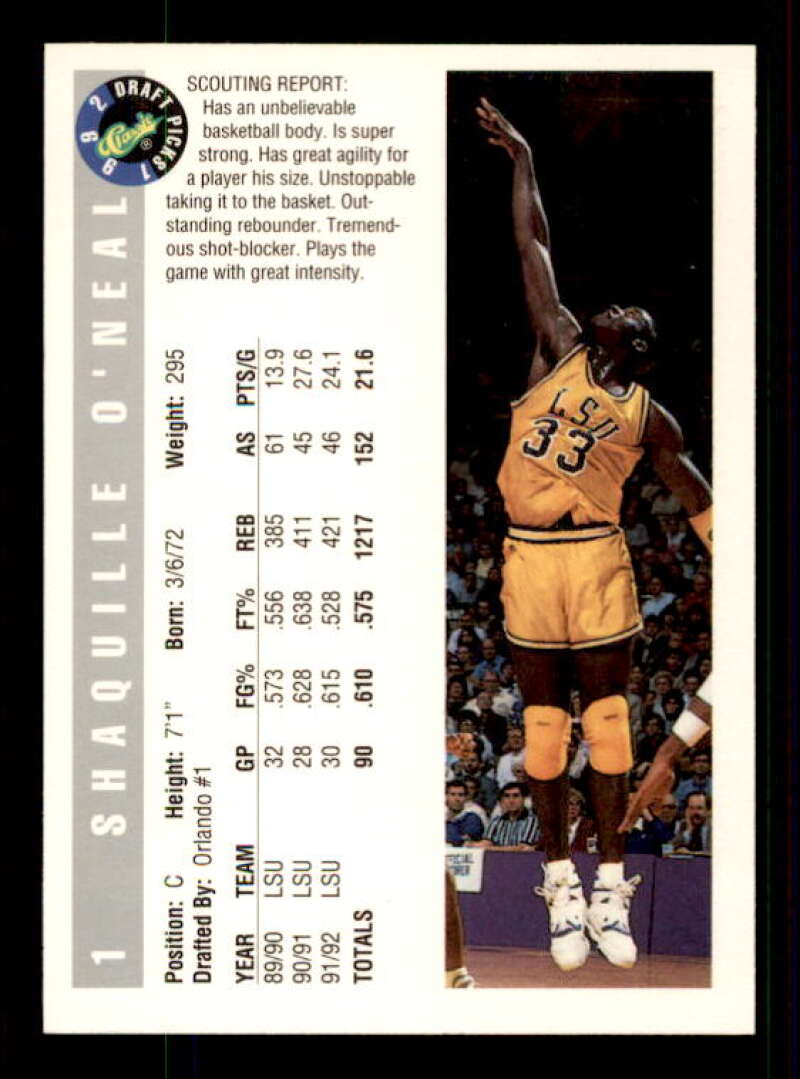 Shaquille O'Neal Rookie Card 1992 Classic #1 Image 2