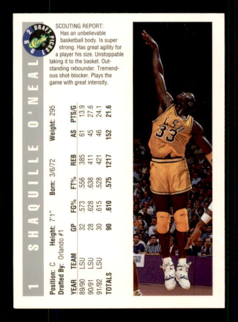 Shaquille O'Neal Rookie Card 1992 Classic #1 Image 2