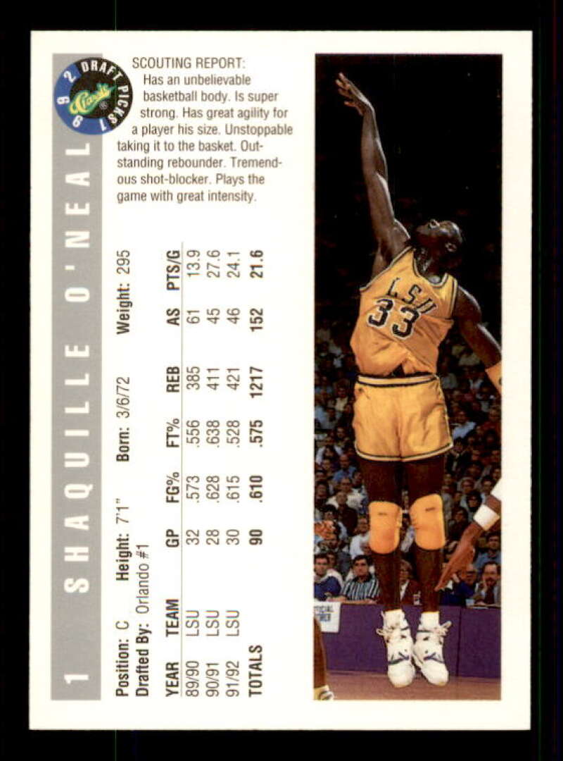 Shaquille O'Neal Rookie Card 1992 Classic #1 Image 2