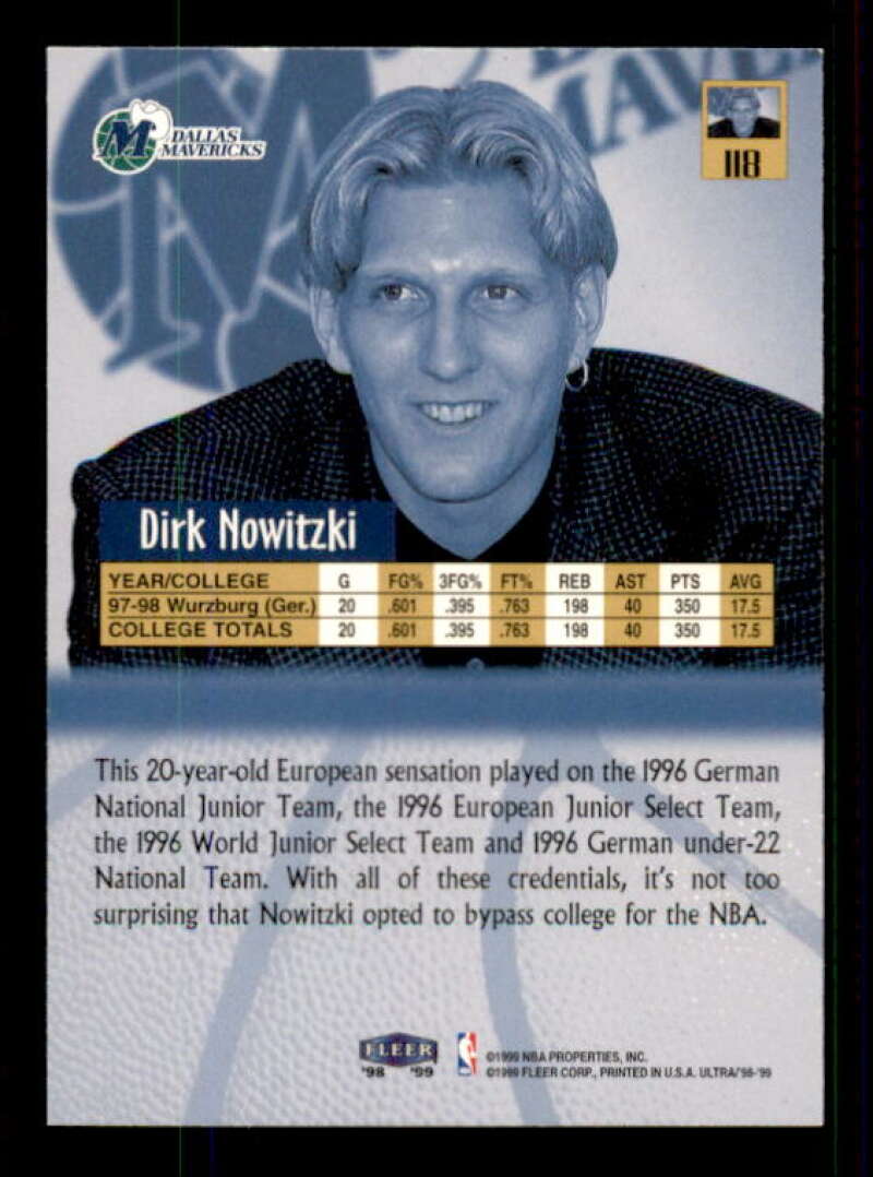 Dirk Nowitzki Rookie Card 1998-99 Ultra #118 Image 2