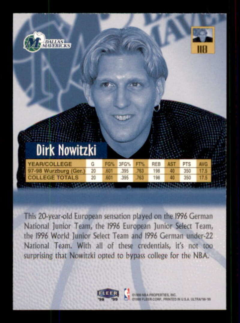 Dirk Nowitzki Rookie Card 1998-99 Ultra #118 Image 2