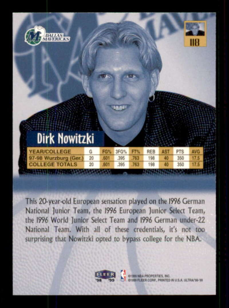 Dirk Nowitzki Rookie Card 1998-99 Ultra #118 Image 2