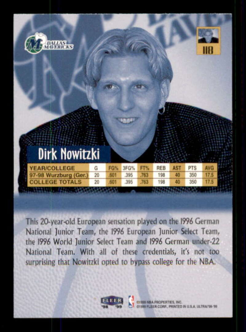 Dirk Nowitzki Rookie Card 1998-99 Ultra #118 Image 2