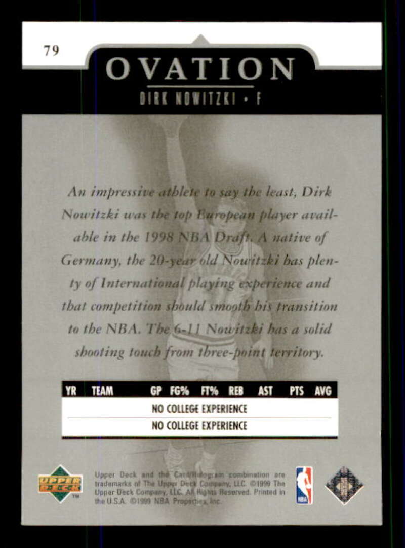 Dirk Nowitzki Rookie Card 1998-99 Upper Deck Ovation #79 Image 2