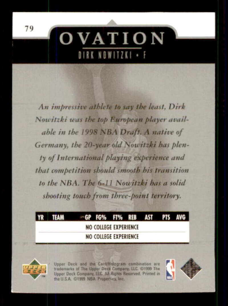 Dirk Nowitzki Rookie Card 1998-99 Upper Deck Ovation #79 Image 2