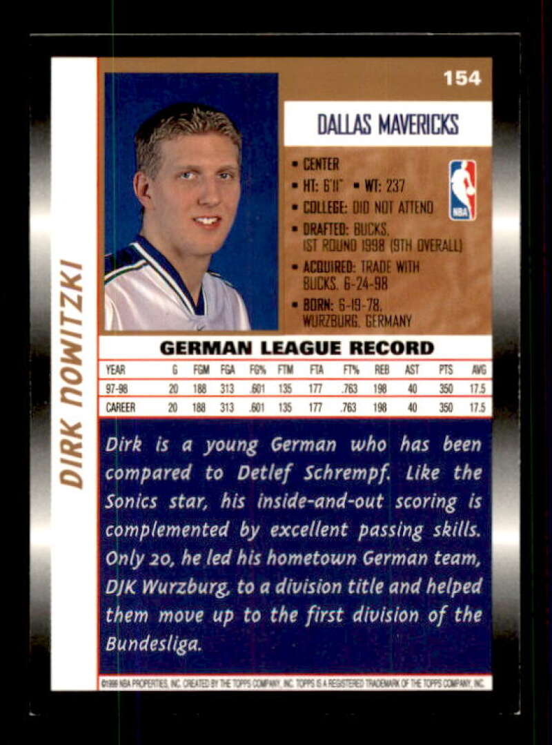 Dirk Nowitzki Rookie Card 1998-99 Topps #154 Image 2