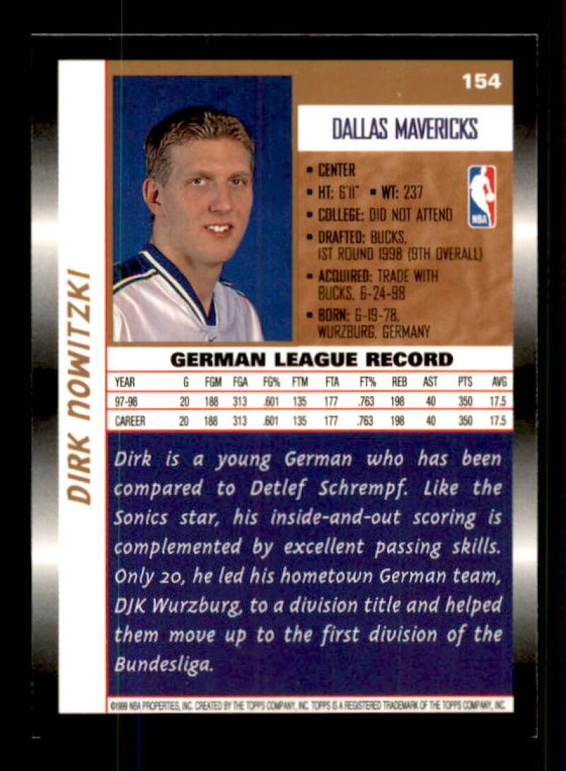 Dirk Nowitzki Rookie Card 1998-99 Topps #154 Image 2