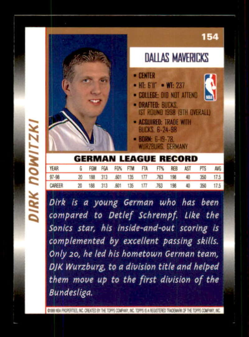 Dirk Nowitzki Rookie Card 1998-99 Topps #154 Image 2