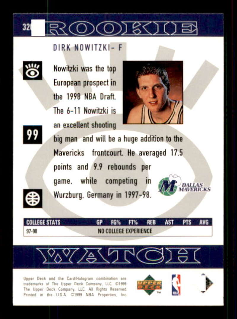 Dirk Nowitzki Rookie Card 1998-99 Upper Deck #320 Image 2