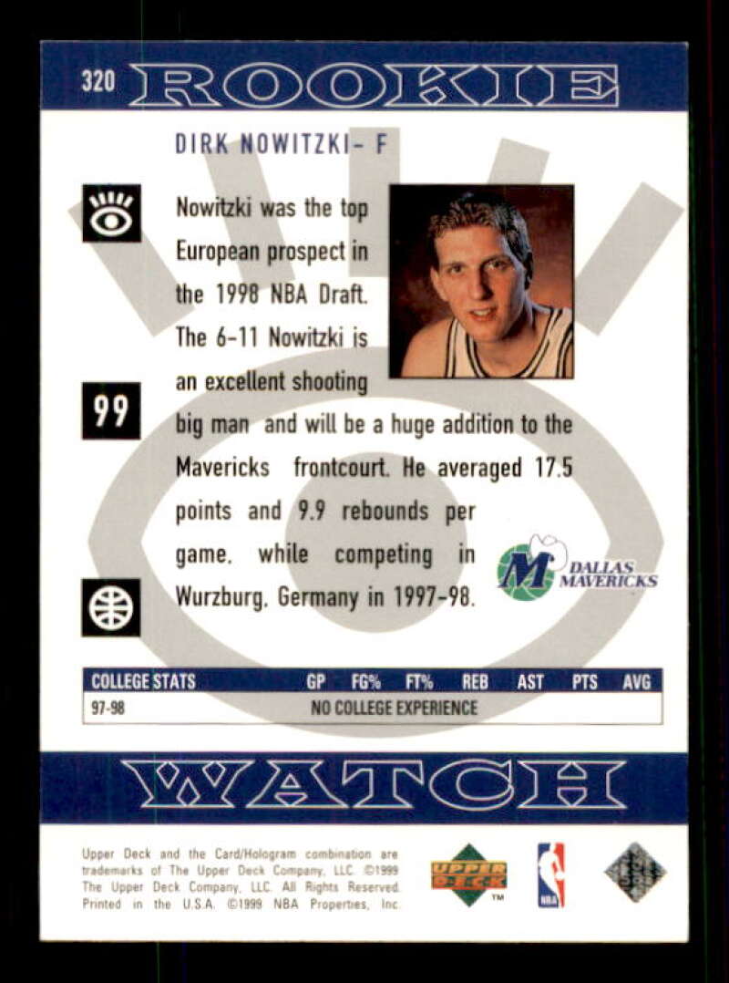 Dirk Nowitzki Rookie Card 1998-99 Upper Deck #320 Image 2