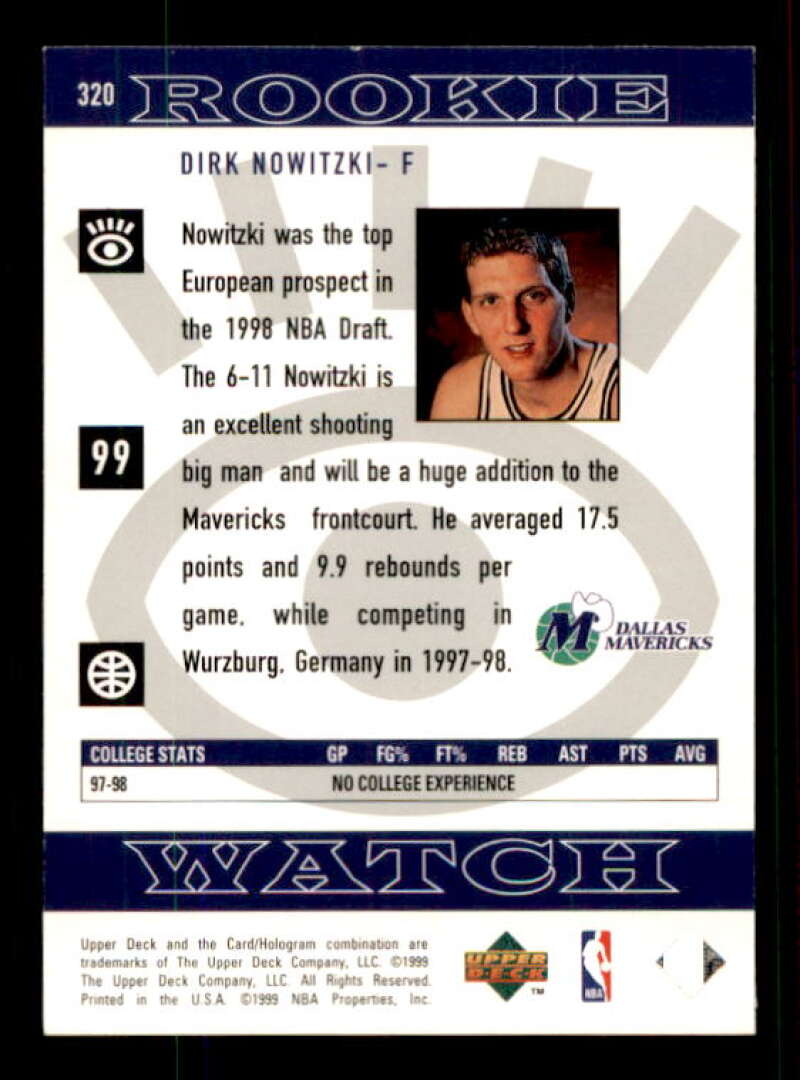 Dirk Nowitzki Rookie Card 1998-99 Upper Deck #320 Image 2