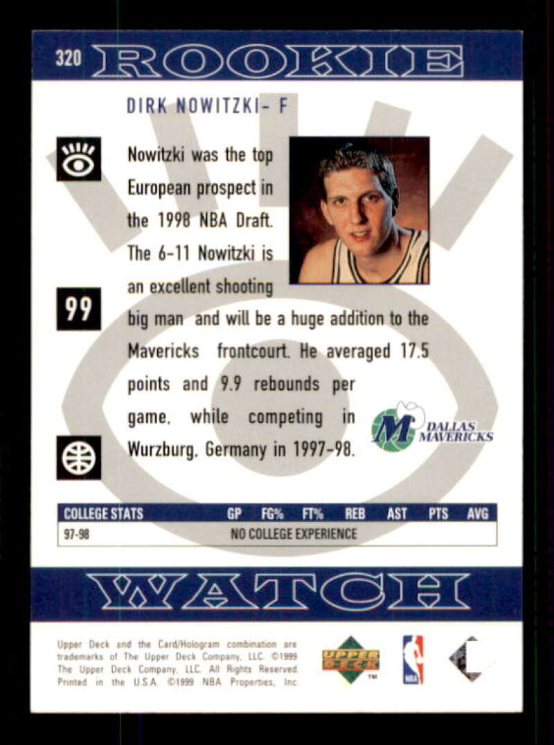 Dirk Nowitzki Rookie Card 1998-99 Upper Deck #320 Image 2