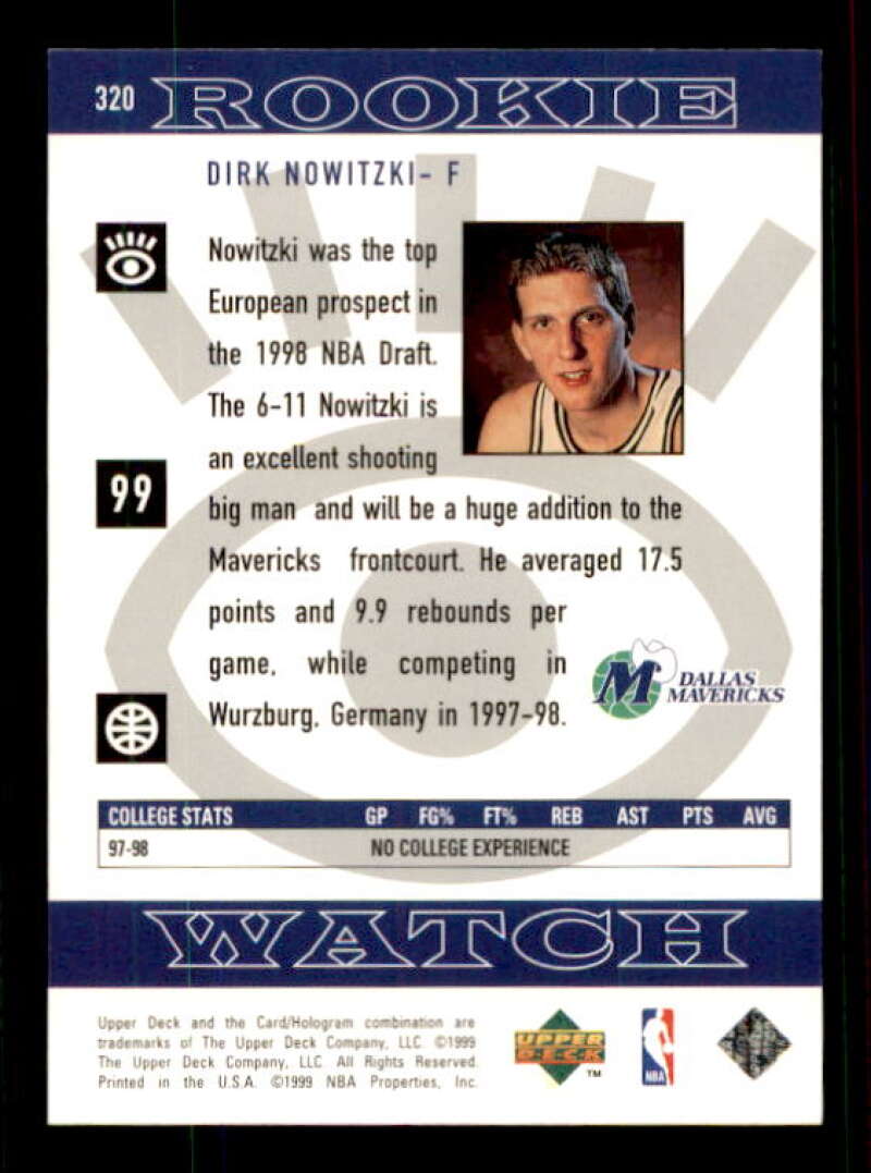 Dirk Nowitzki Rookie Card 1998-99 Upper Deck #320 Image 2