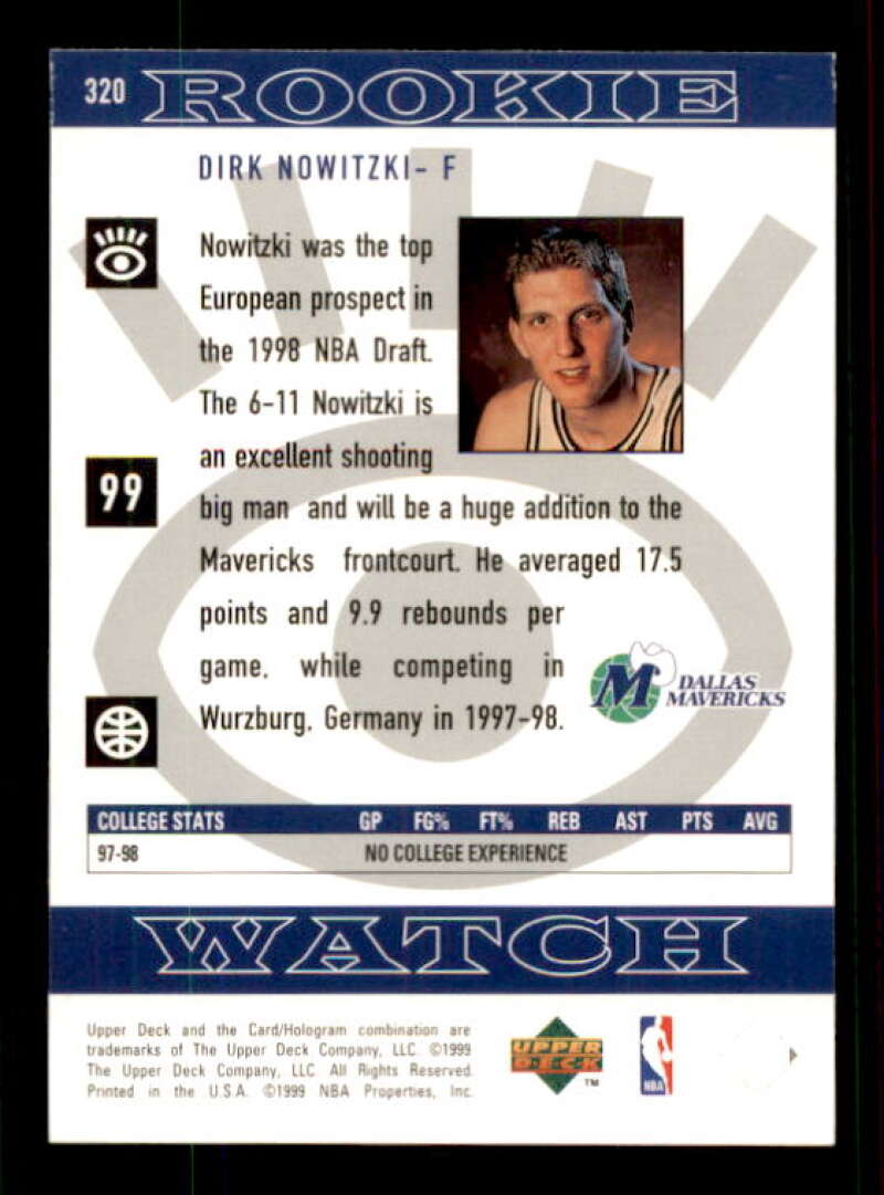 Dirk Nowitzki Rookie Card 1998-99 Upper Deck #320 Image 2