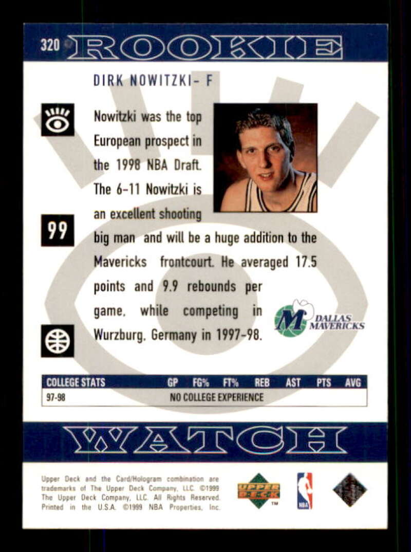 Dirk Nowitzki Rookie Card 1998-99 Upper Deck #320 Image 2