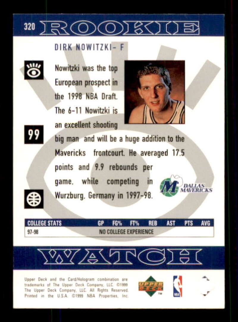 Dirk Nowitzki Rookie Card 1998-99 Upper Deck #320 Image 2