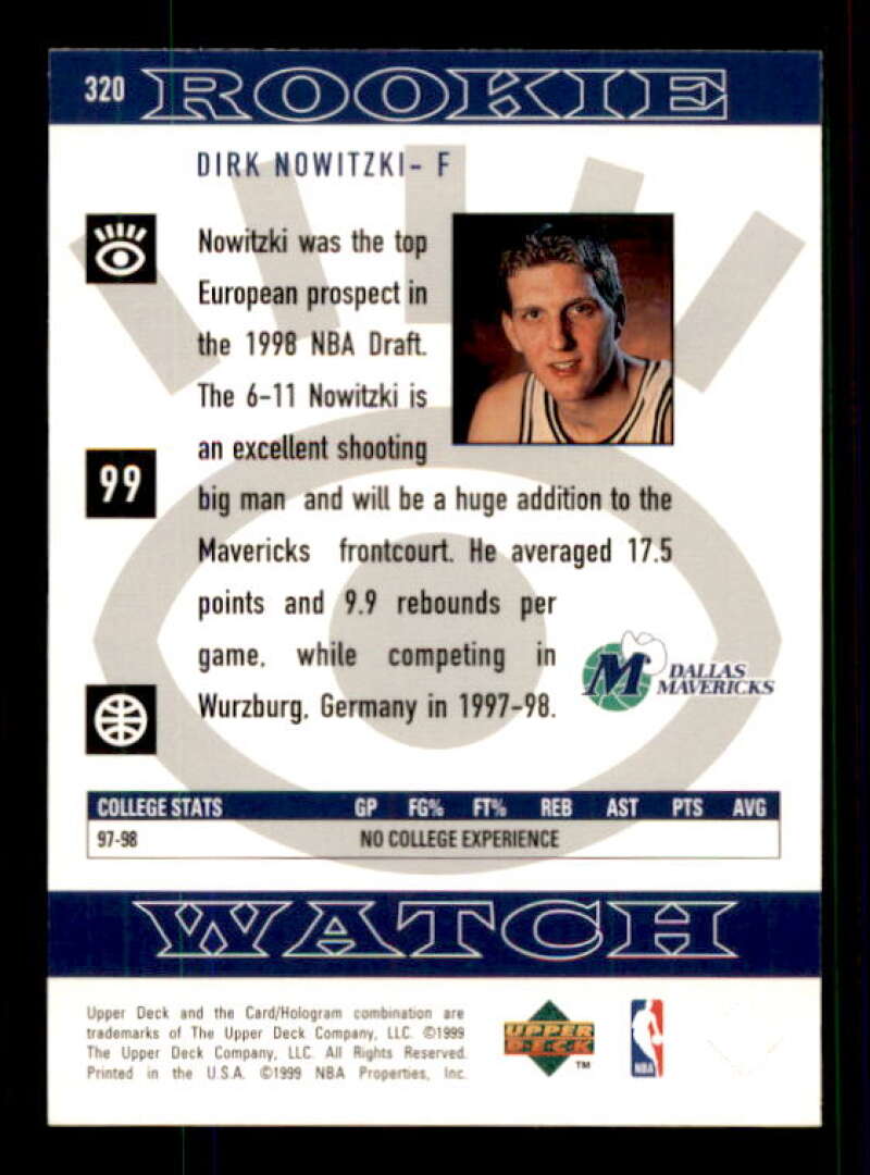 Dirk Nowitzki Rookie Card 1998-99 Upper Deck #320 Image 2