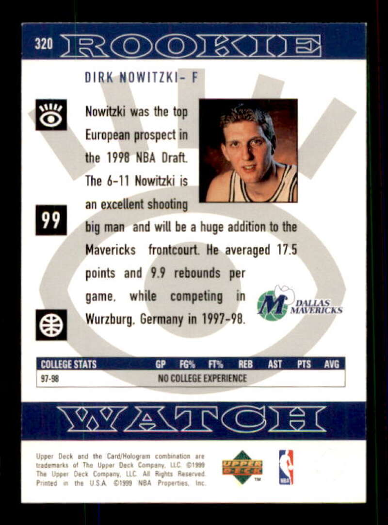 Dirk Nowitzki Rookie Card 1998-99 Upper Deck #320 Image 2