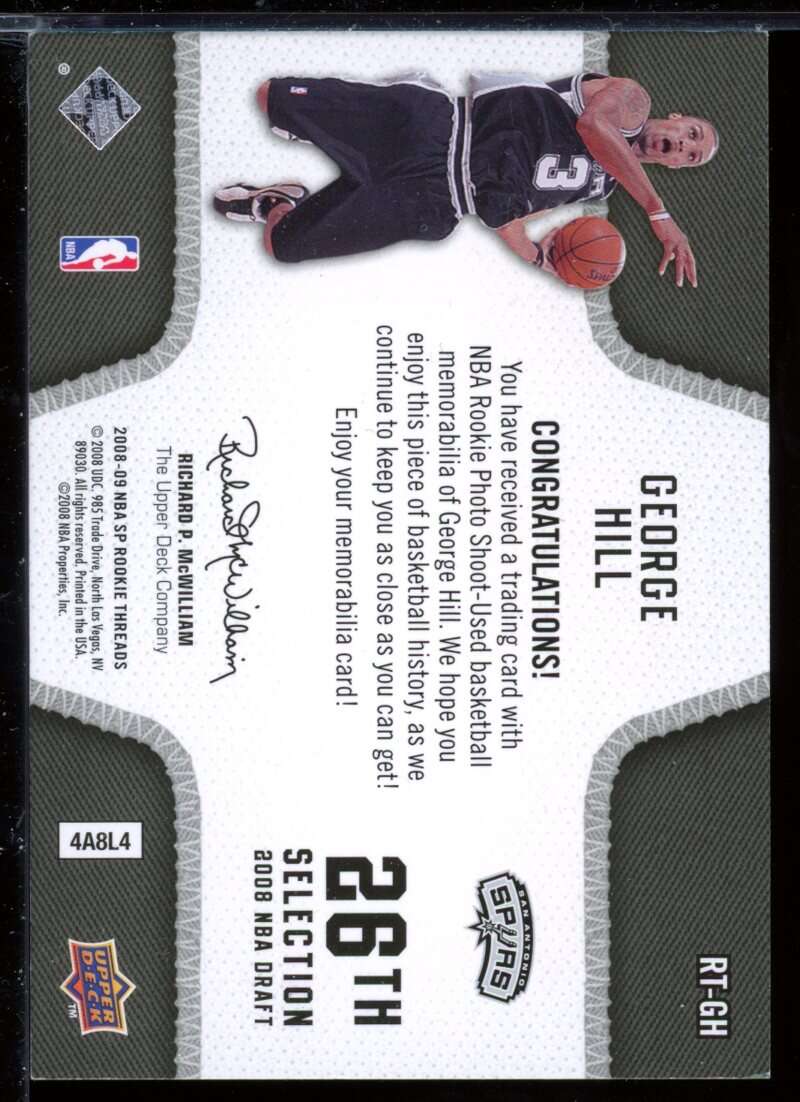 George Hill Card 2008-09 SP Rookie Threads Rookie Threads #RTGH Image 2