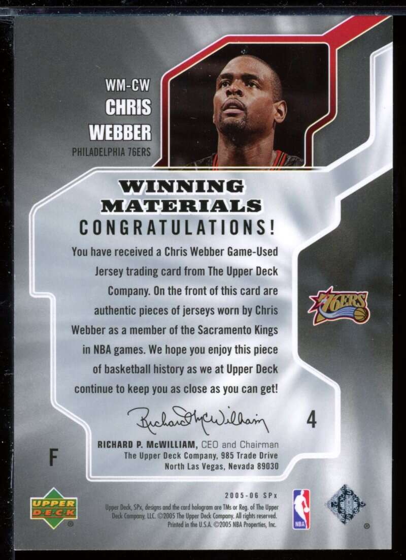 Chris Webber Card 2005-06 SPx Winning Materials #CW Image 2