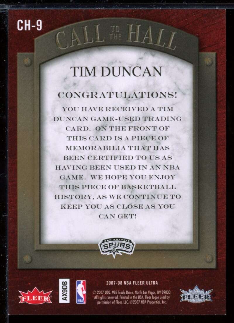 Tim Duncan Card 2007-08 Ultra SE Call to the Hall Memorabilia #CHTD Image 2