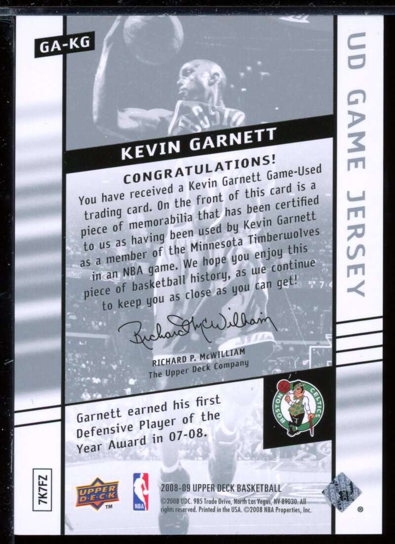 Kevin Garnett Card 2008-09 Upper Deck Game Jerseys #GAKG Image 2