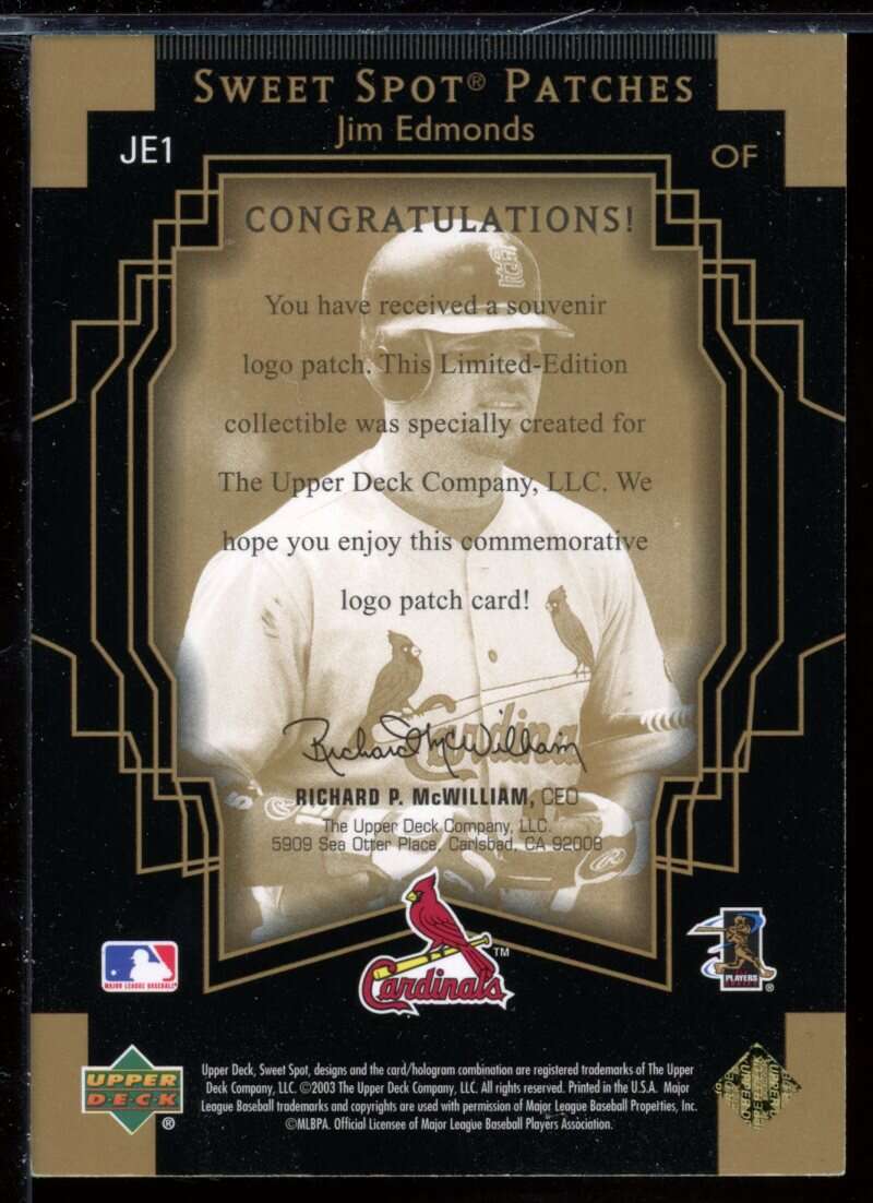 Jim Edmonds Card 2003 Sweet Spot Patches #JE1 Image 2