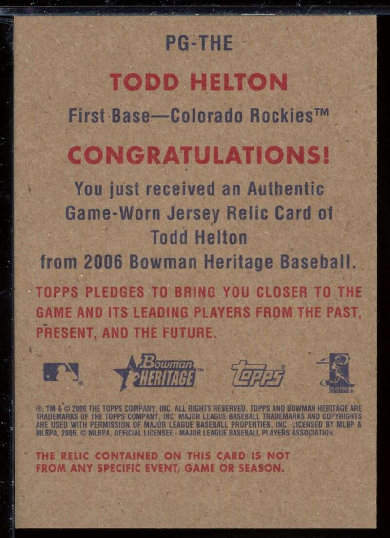 Todd Helton Jsy D Card 2006 Bowman Heritage Pieces of Greatness #THE Image 2