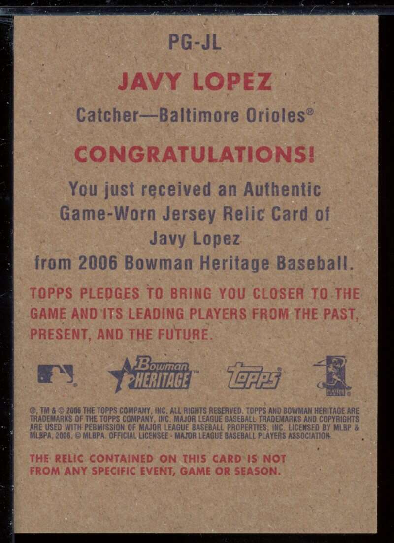 Javy Lopez Jsy C Card 2006 Bowman Heritage Pieces of Greatness #JL Image 2