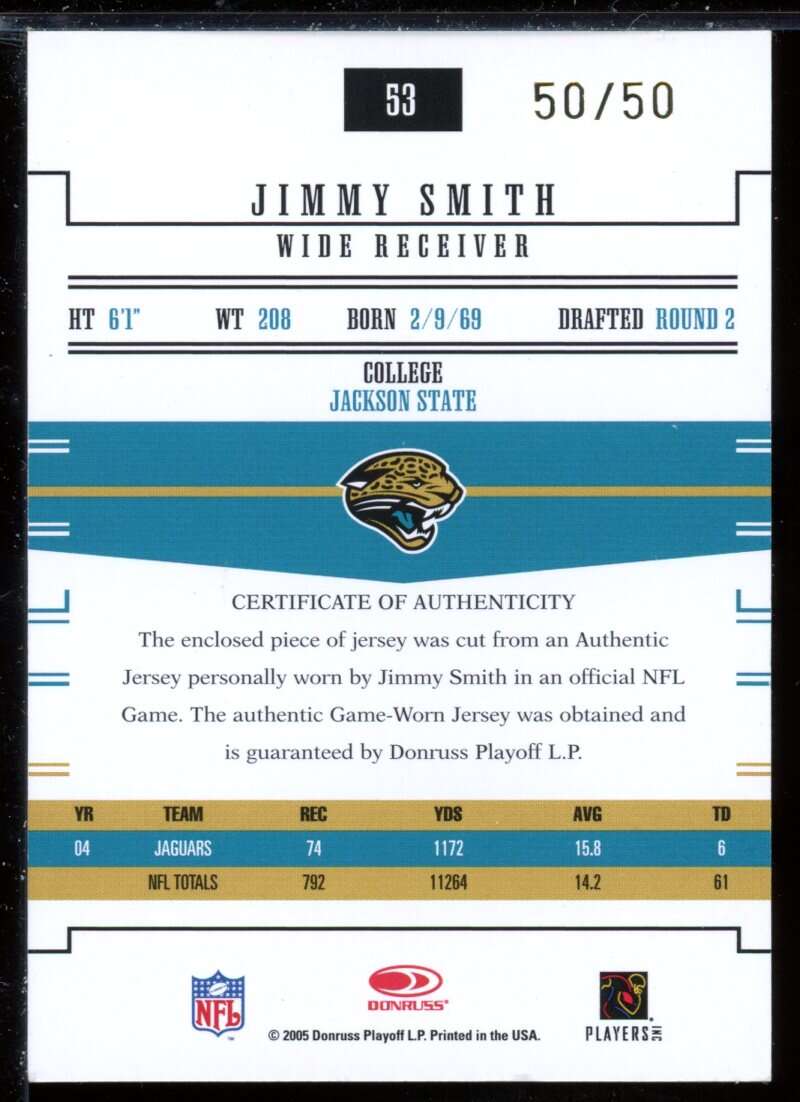 Jimmy Smith Card 2005 Donruss Gridiron Gear Jerseys Numbers #53 /50 Image 2