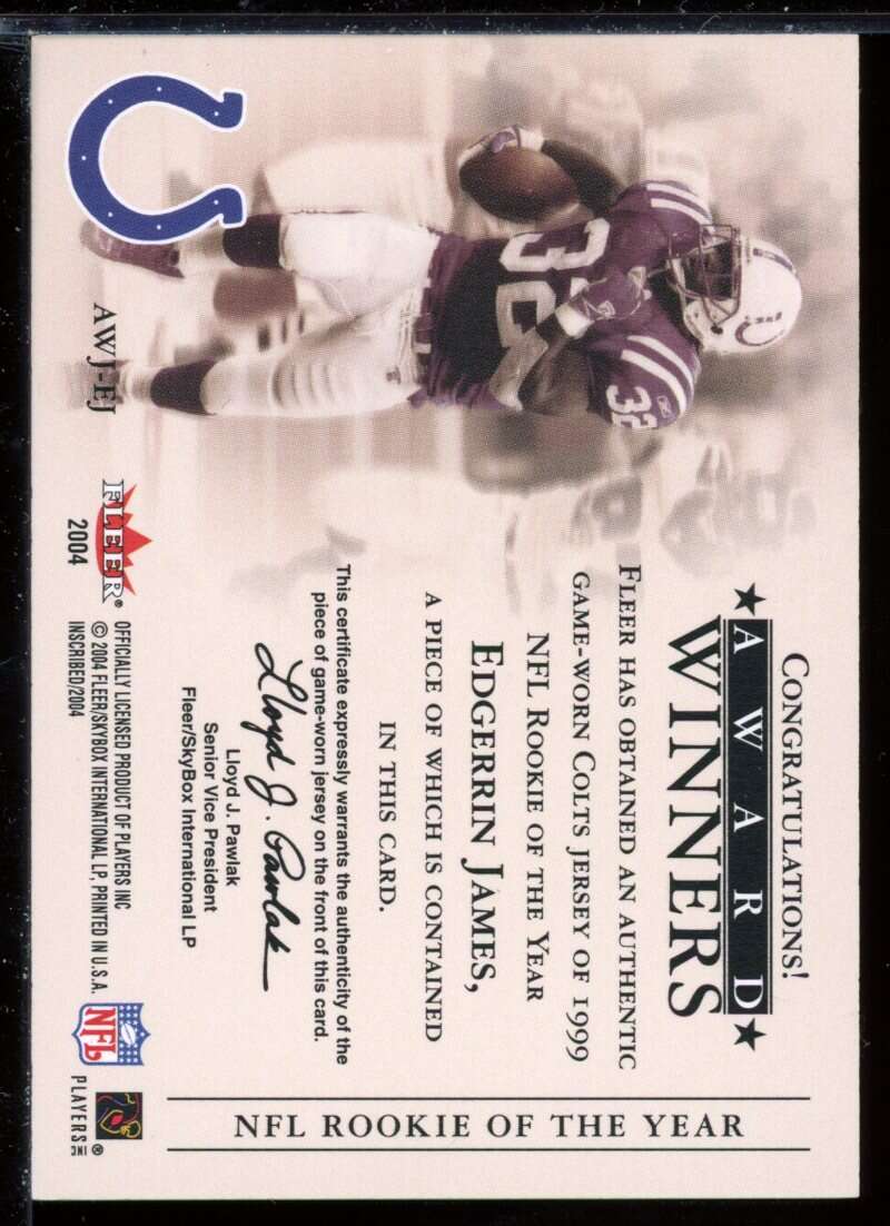 Edgerrin James Card 2004 Fleer Inscribed Award Winners Jersey Silver #AWJEJ Image 2